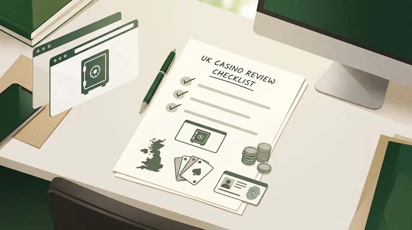 Editorial illustration of a UK online casino review checklist