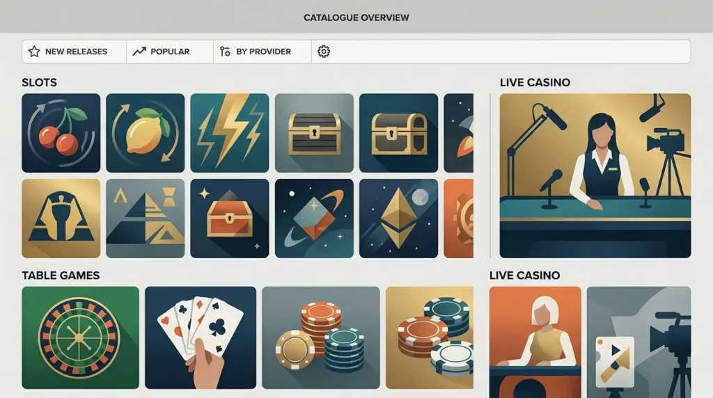 Abstract illustration of a casino game library with slot, table and live dealer categories