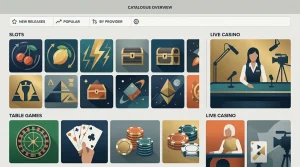 Abstract illustration of a casino game library with slot, table and live dealer categories