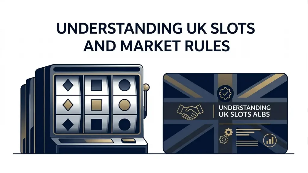 Abstract slot reels beside a neutral Great Britain stake-limit information card