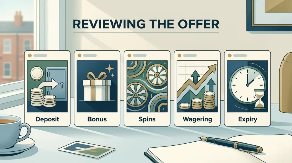 Illustration of a casino bonus checklist covering deposit, bonus, wagering and expiry terms
