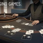 Illustration of a live casino table with roulette, blackjack and baccarat cues