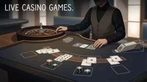 Illustration of a live casino table with roulette, blackjack and baccarat cues