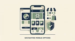 Illustration of a smartphone browser beside app store verification symbols