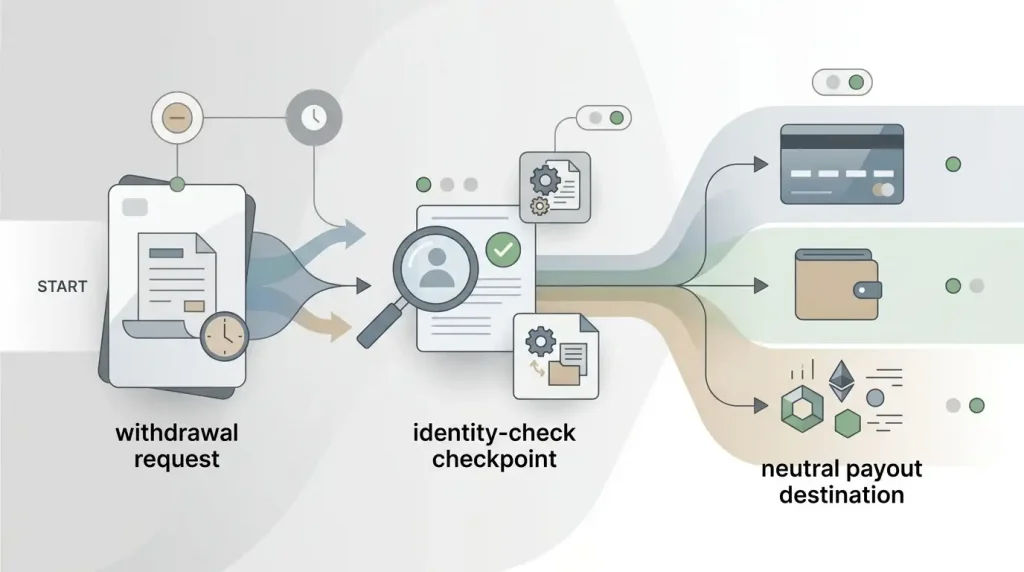 Illustration of a withdrawal process moving from cashier request through identity check to payout status