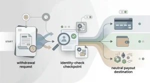 Illustration of a withdrawal process moving from cashier request through identity check to payout status