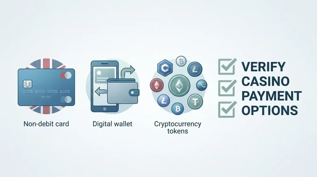 Illustration of payment categories with card, e-wallet and cryptocurrency symbols beside a verification checklist