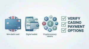 Illustration of payment categories with card, e-wallet and cryptocurrency symbols beside a verification checklist