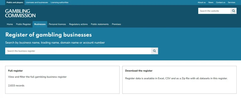 UK Gambling Commission public register licence verification screen